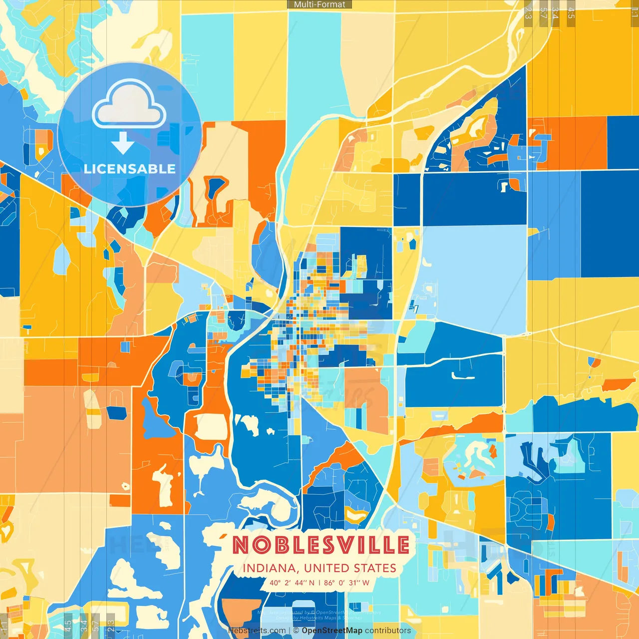 Noblesville, Indiana, United States blue and orange vector art map template