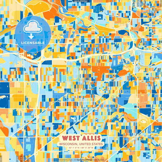 West Allis, Wisconsin, United States blue and orange vector art map template