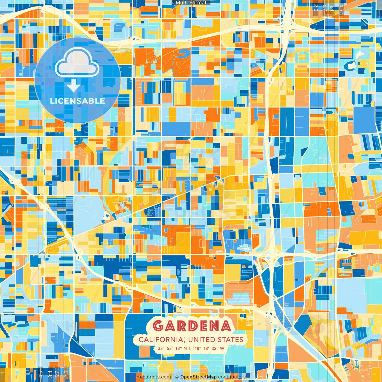 Gardena, California, United States blue and orange vector art map template
