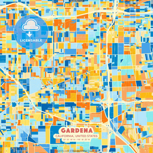Gardena, California, United States blue and orange vector art map template