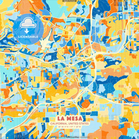 La Mesa, California, United States blue and orange vector art map template
