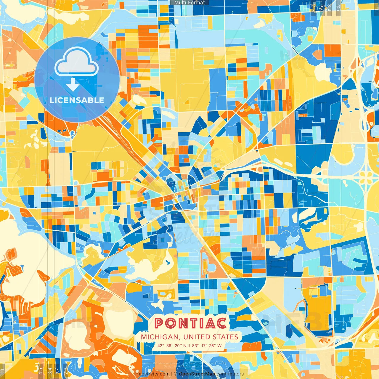 Pontiac, Michigan, United States blue and orange vector art map template
