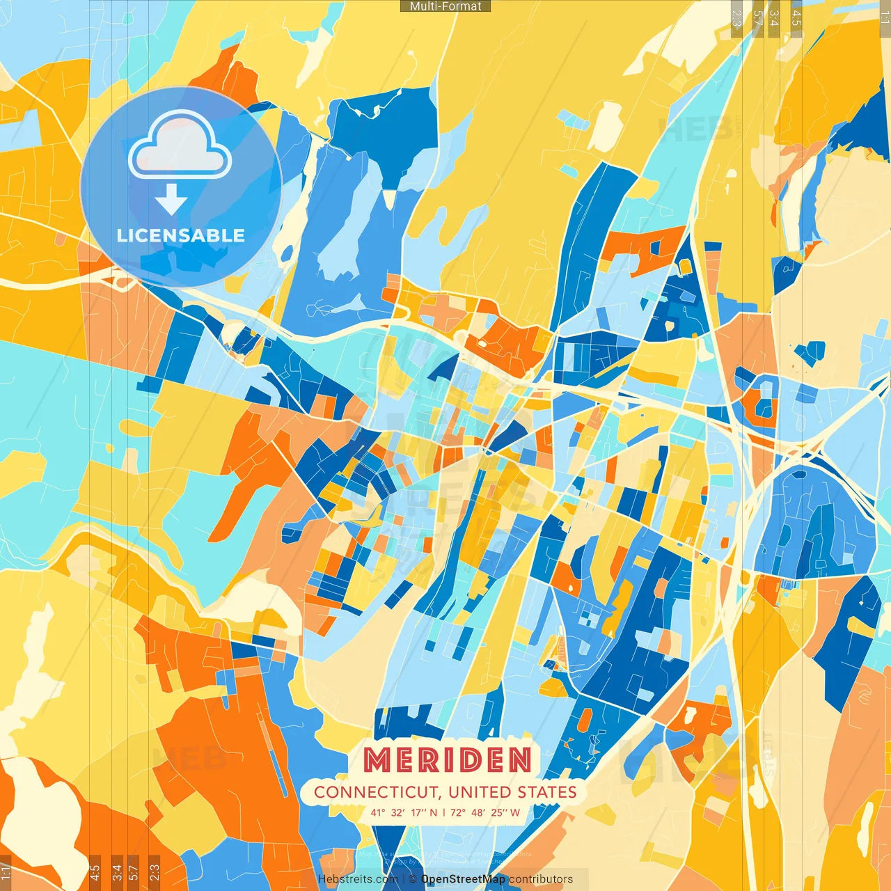 Meriden, Connecticut, United States blue and orange vector art map template