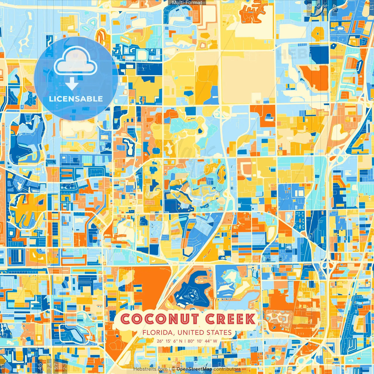 Coconut Creek, Florida, United States blue and orange vector art map template