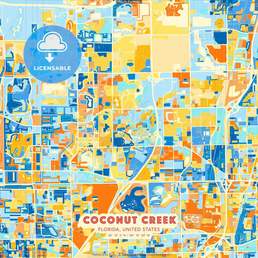 Coconut Creek, Florida, United States blue and orange vector art map template