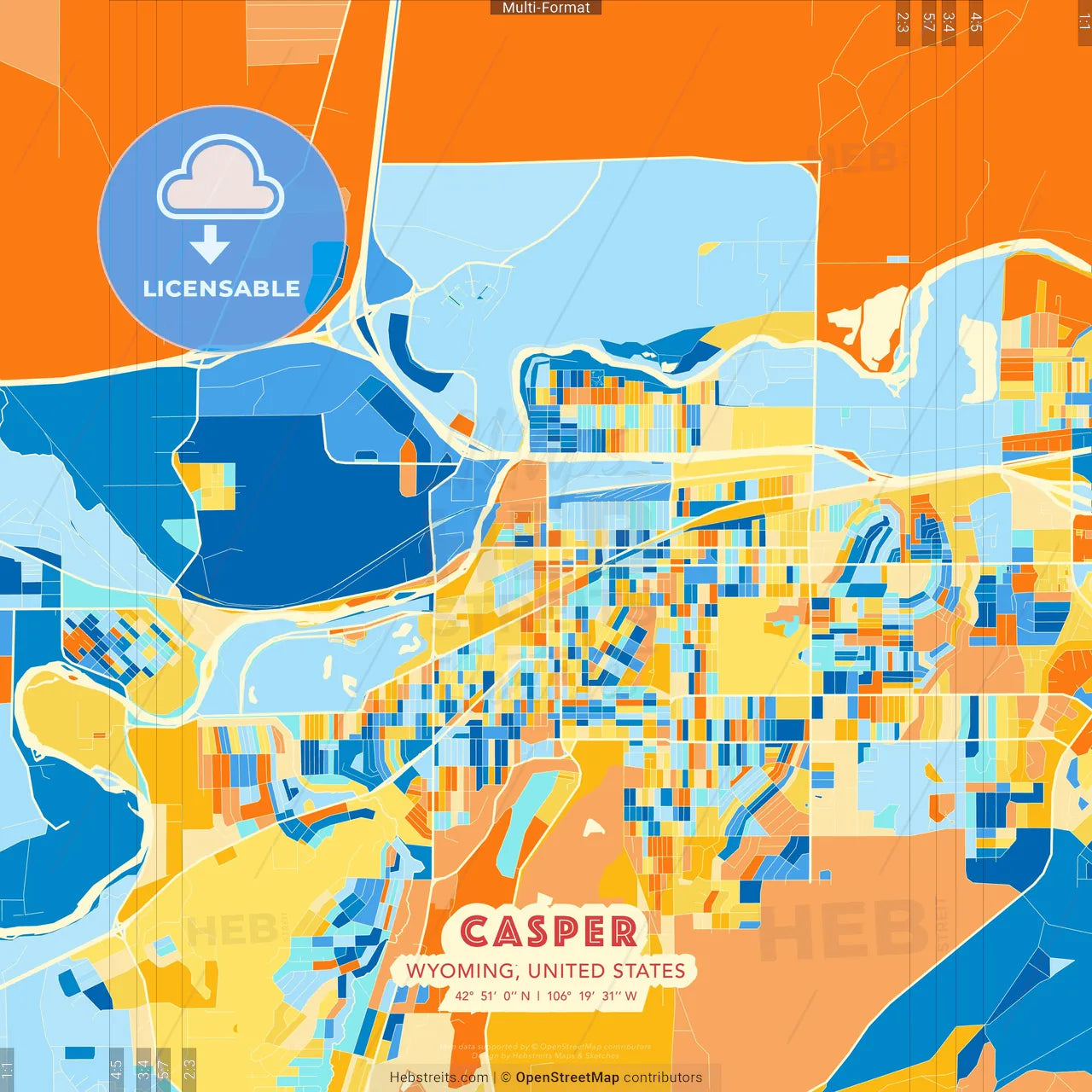 Casper, Wyoming, United States blue and orange vector art map template