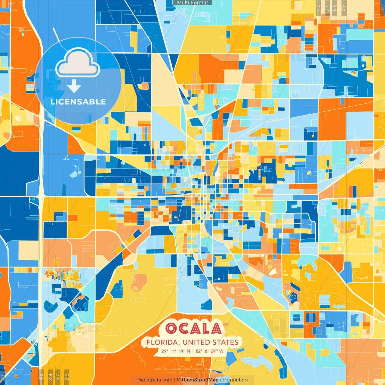 Ocala, Florida, United States blue and orange vector art map template