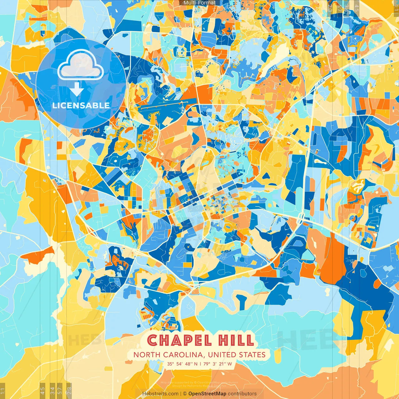 Chapel Hill, North Carolina, United States blue and orange vector art map template
