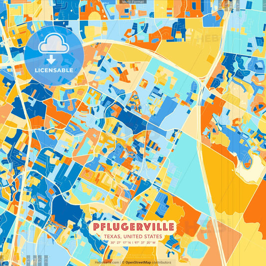 Pflugerville, Texas, United States blue and orange vector art map template