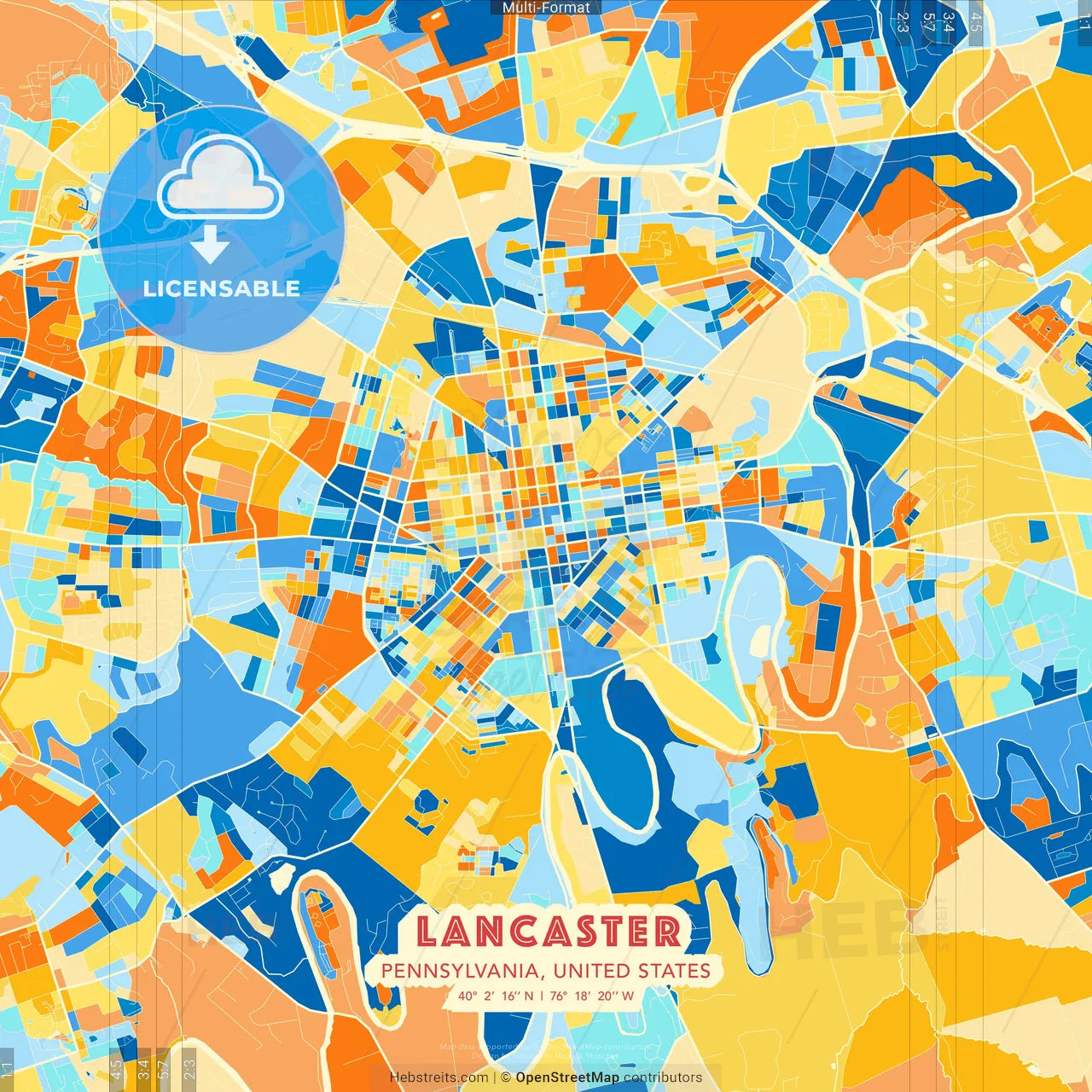 Lancaster, Pennsylvania, United States blue and orange vector art map template