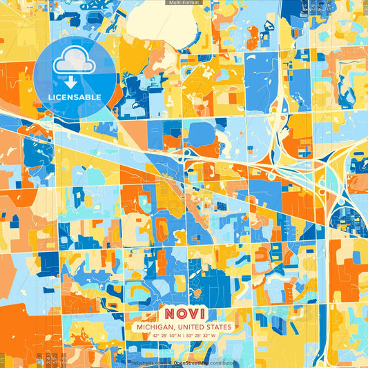 Novi, Michigan, United States blue and orange vector art map template