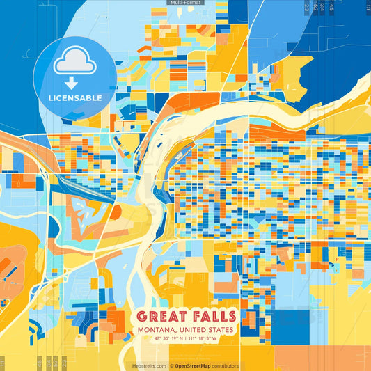 Great Falls, Montana, United States blue and orange vector art map template