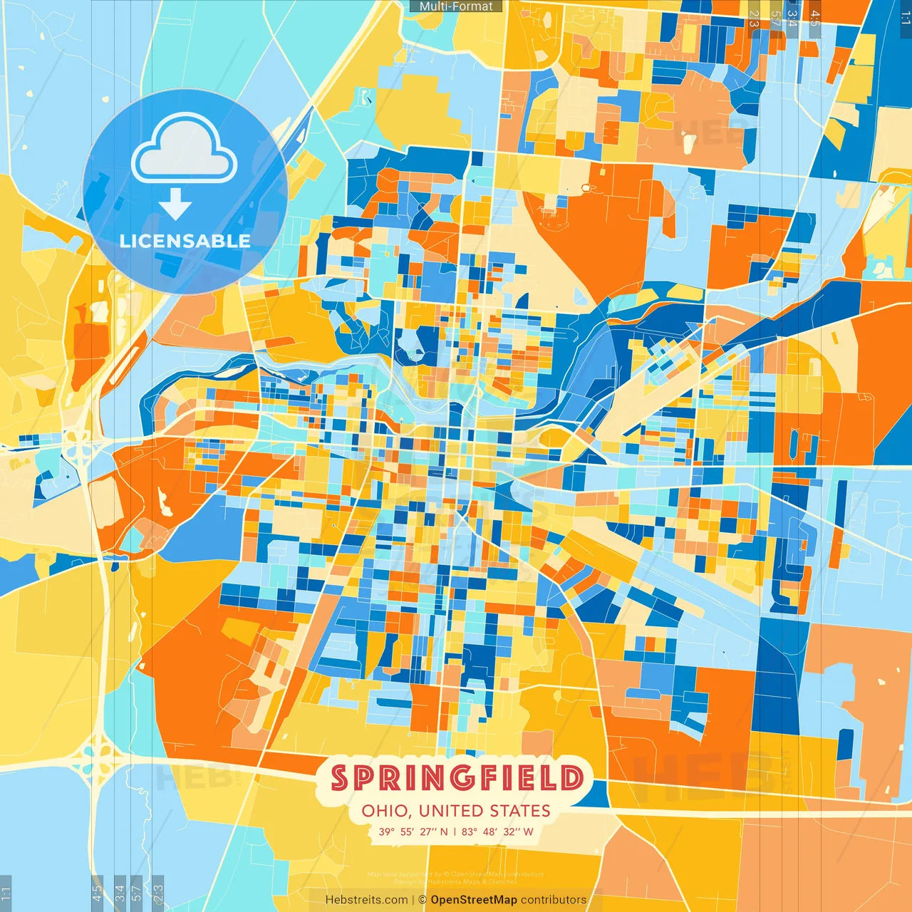 Springfield, Ohio, United States blue and orange vector art map template