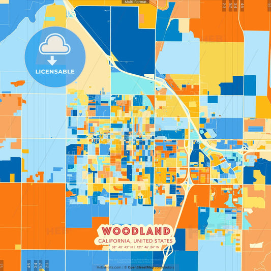 Woodland, California, United States blue and orange vector art map template