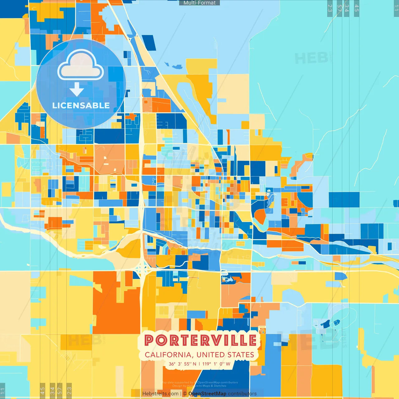 Porterville, California, United States blue and orange vector art map template