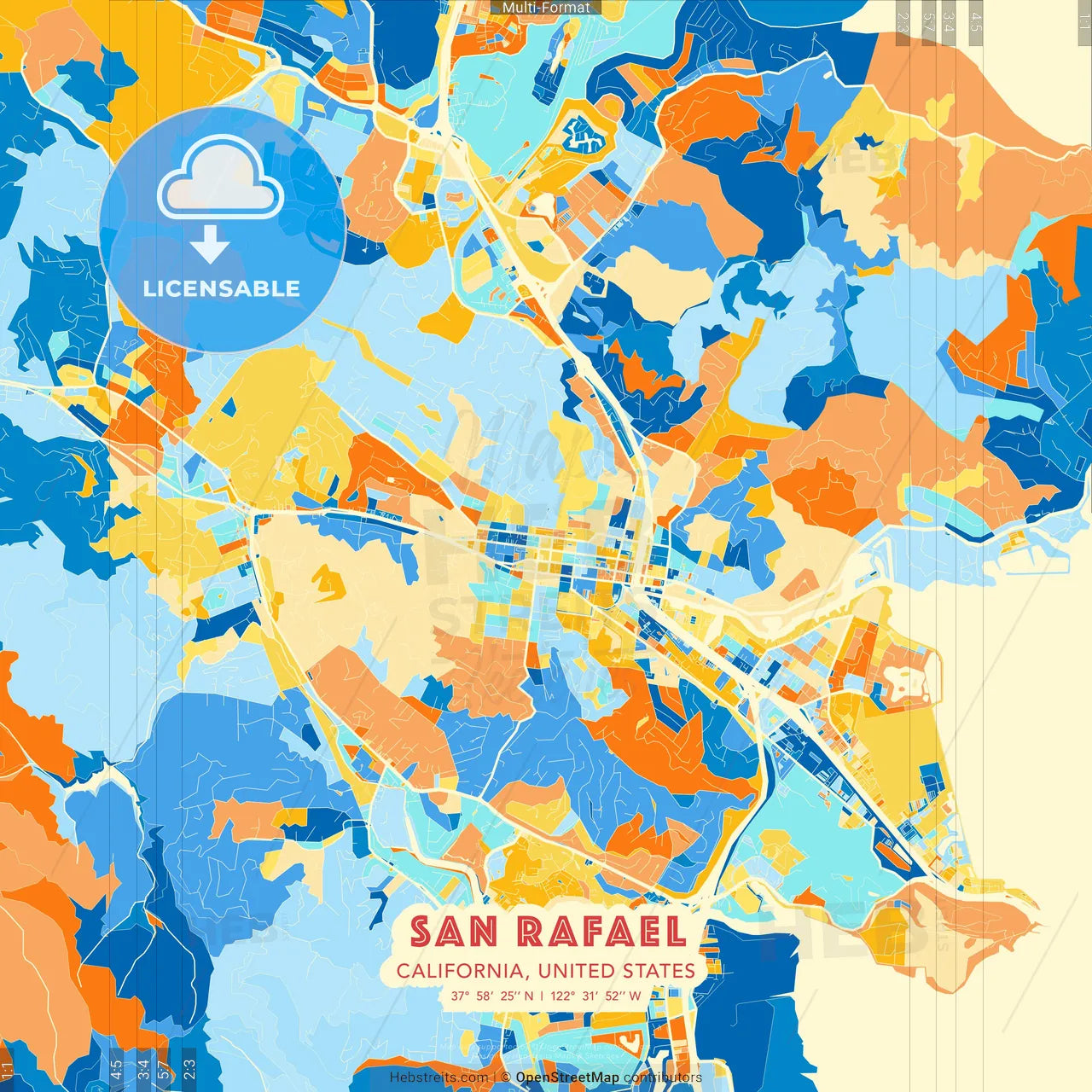 San Rafael, California, United States blue and orange vector art map template