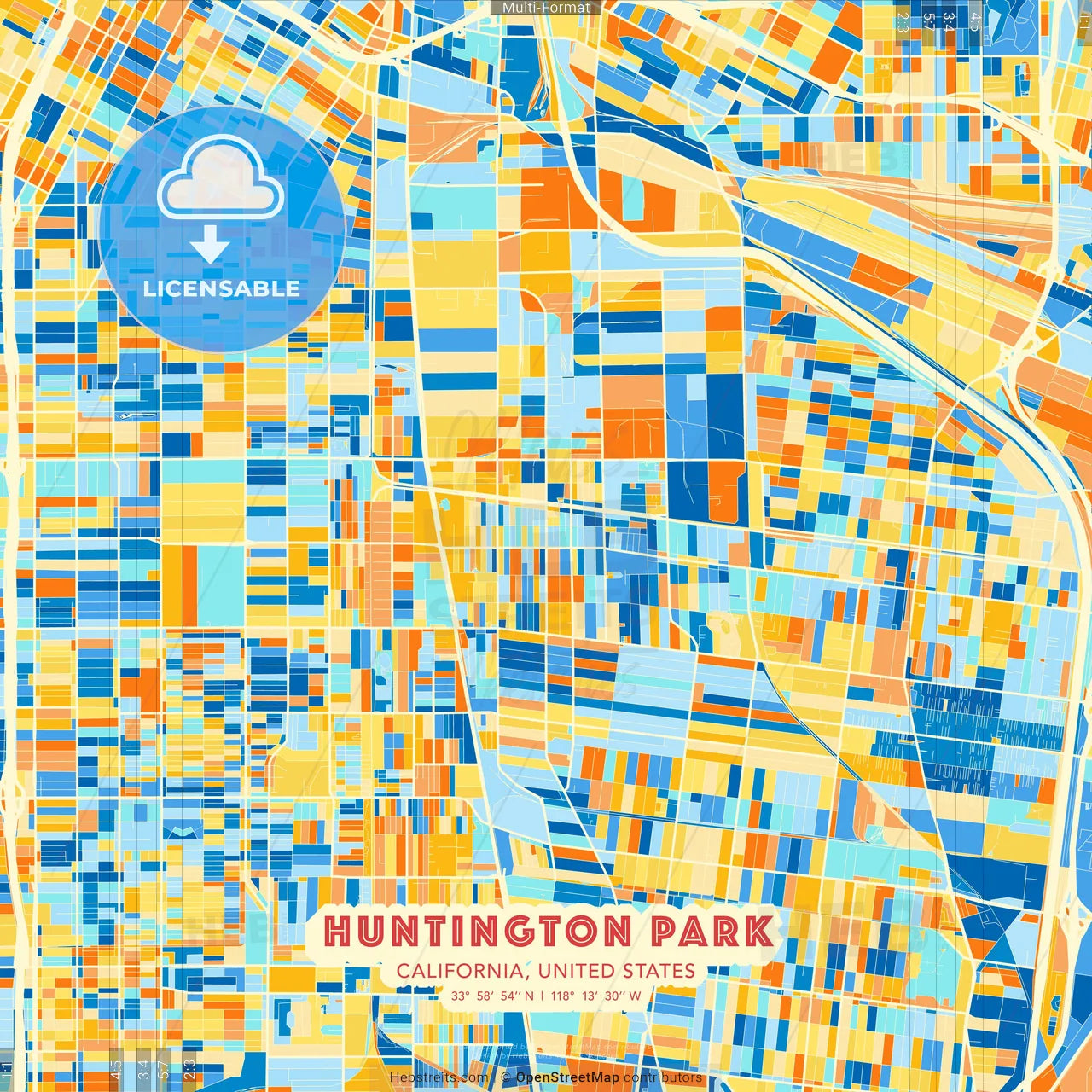 Huntington Park, California, United States blue and orange vector art map template