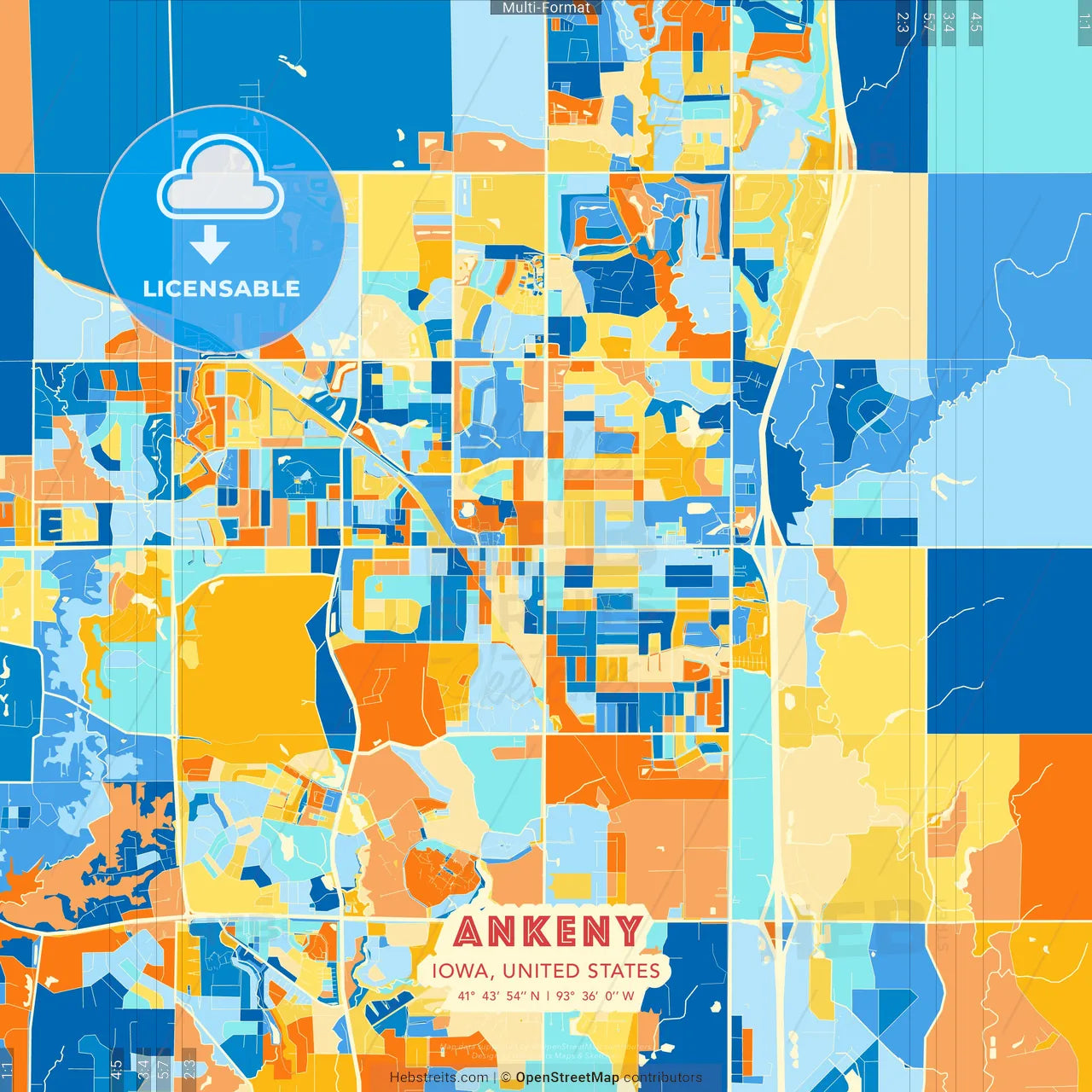 Ankeny, Iowa, United States blue and orange vector art map template