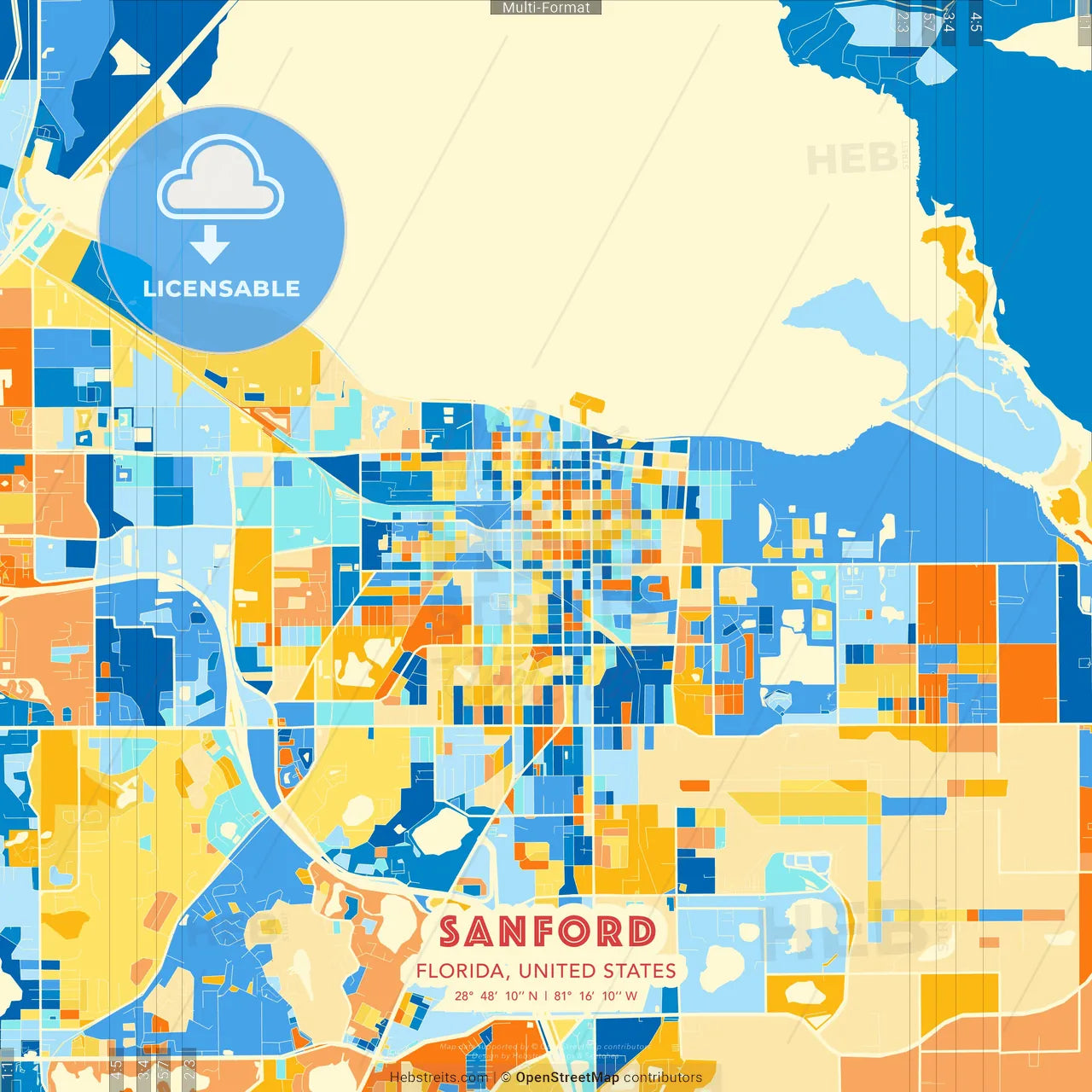 Sanford, Florida, United States blue and orange vector art map template