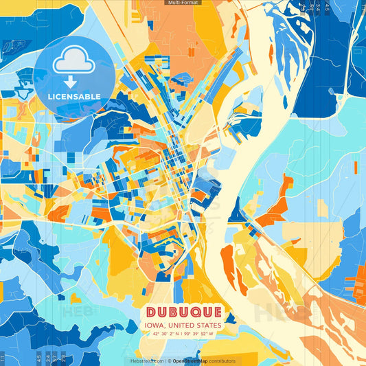 Dubuque, Iowa, United States blue and orange vector art map template