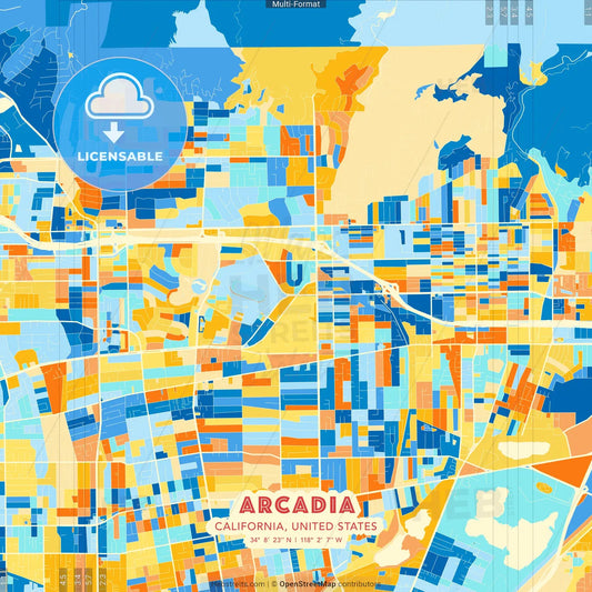 Arcadia, California, United States blue and orange vector art map template
