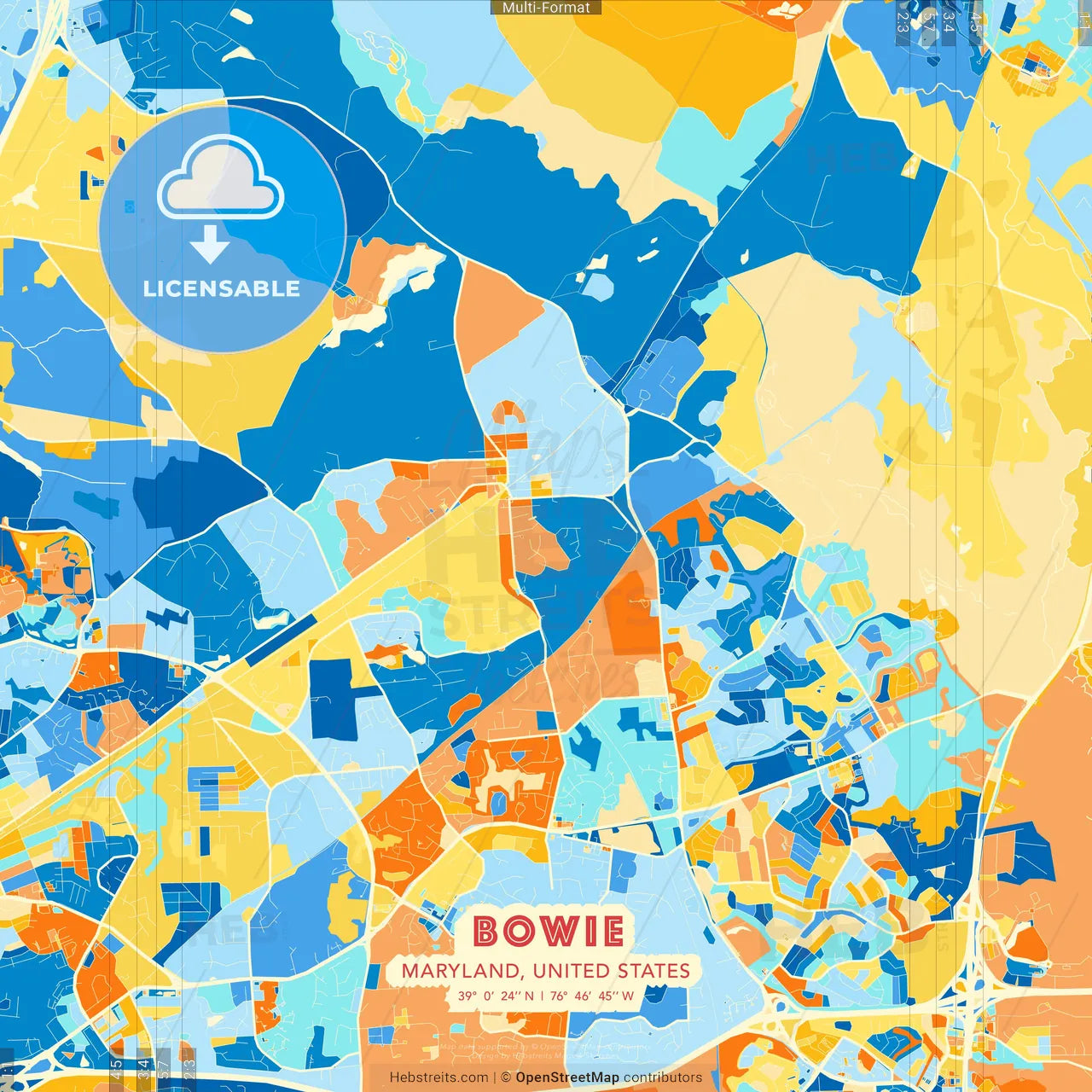 Bowie, Maryland, United States blue and orange vector art map template