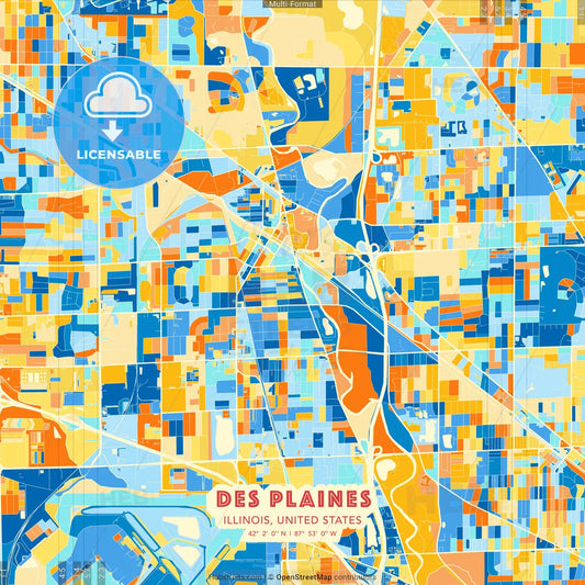 Des Plaines, Illinois, United States blue and orange vector art map template