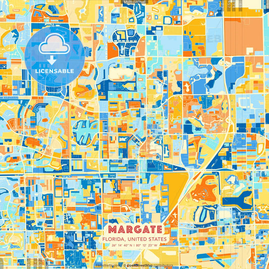Margate, Florida, United States blue and orange vector art map template
