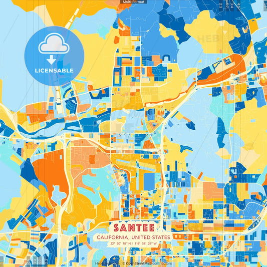 Santee, California, United States blue and orange vector art map template