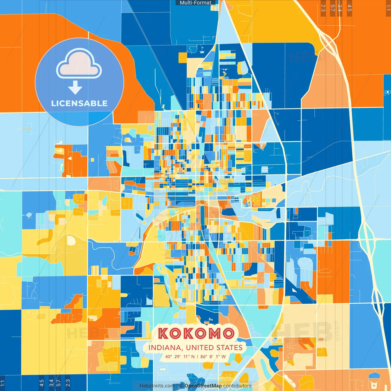 Kokomo, Indiana, United States blue and orange vector art map template