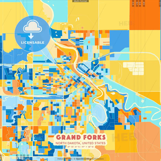 Grand Forks, North Dakota, United States blue and orange vector art map template