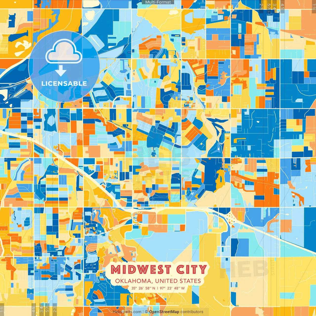 Midwest City, Oklahoma, United States blue and orange vector art map template