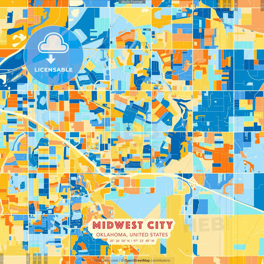 Midwest City, Oklahoma, United States blue and orange vector art map template