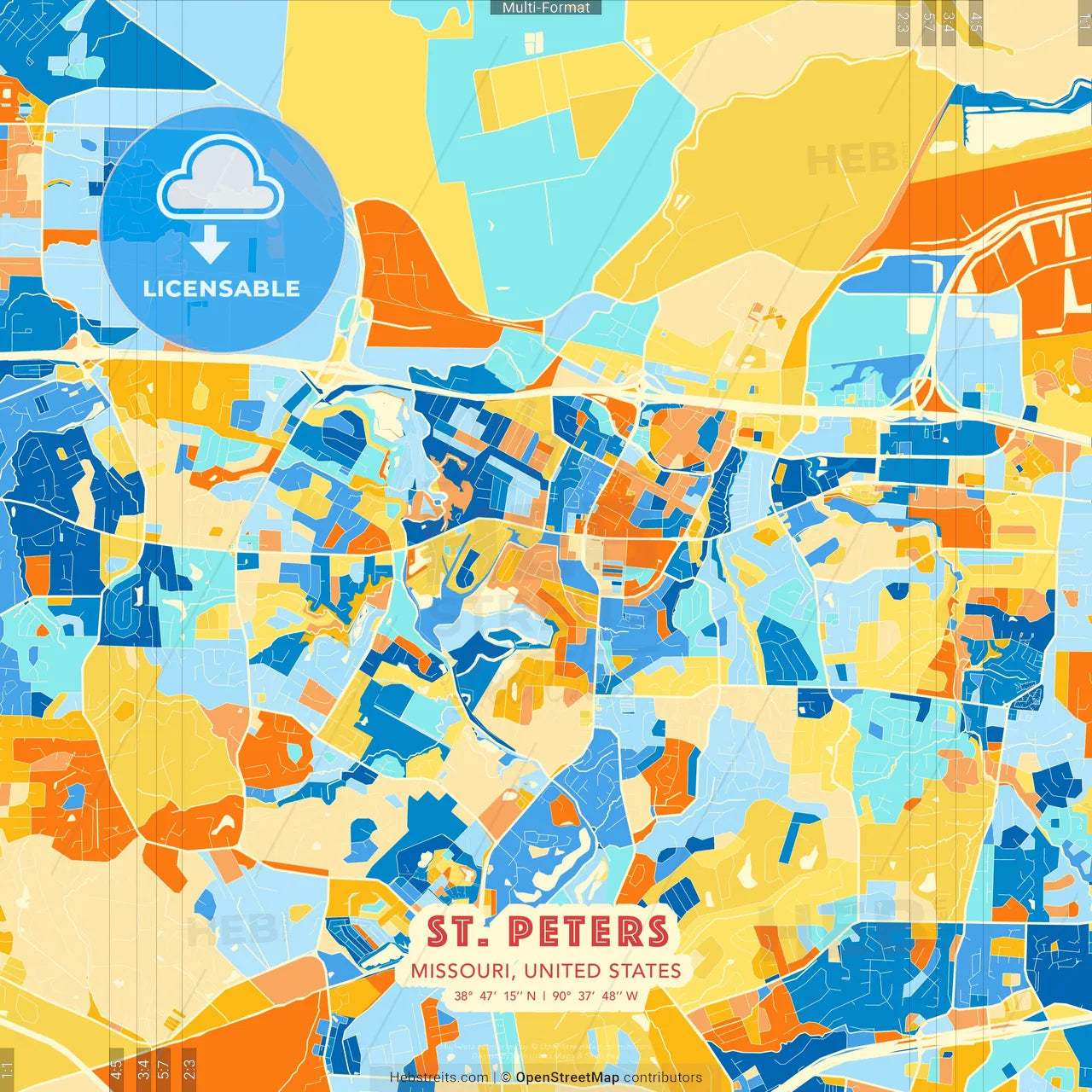 St. Peters, Missouri, United States blue and orange vector art map template