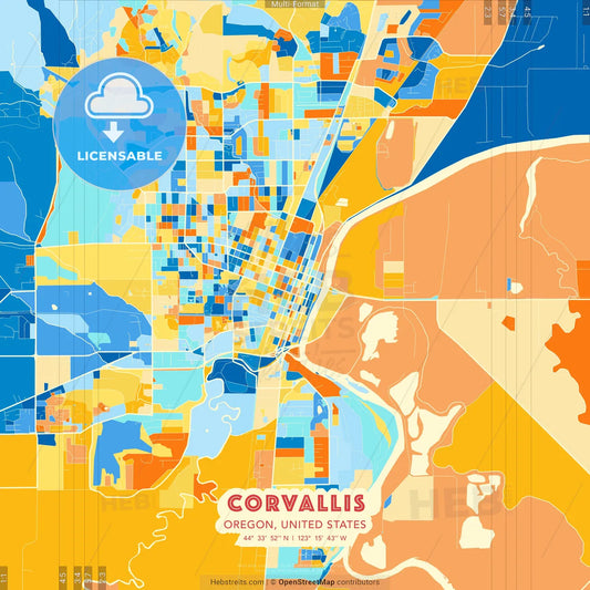 Corvallis, Oregon, United States blue and orange vector art map template