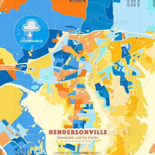 Hendersonville, Tennessee, United States blue and orange vector art map template