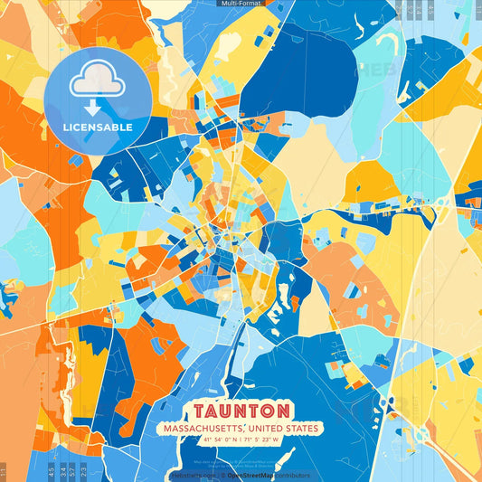 Taunton, Massachusetts, United States blue and orange vector art map template