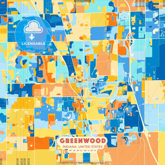 Greenwood, Indiana, United States blue and orange vector art map template
