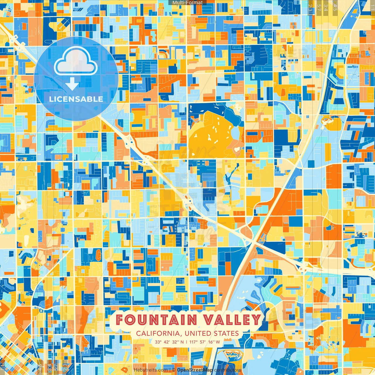 Fountain Valley, California, United States blue and orange vector art map template