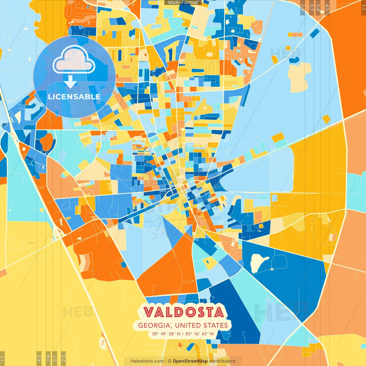 Valdosta, Georgia, United States blue and orange vector art map template