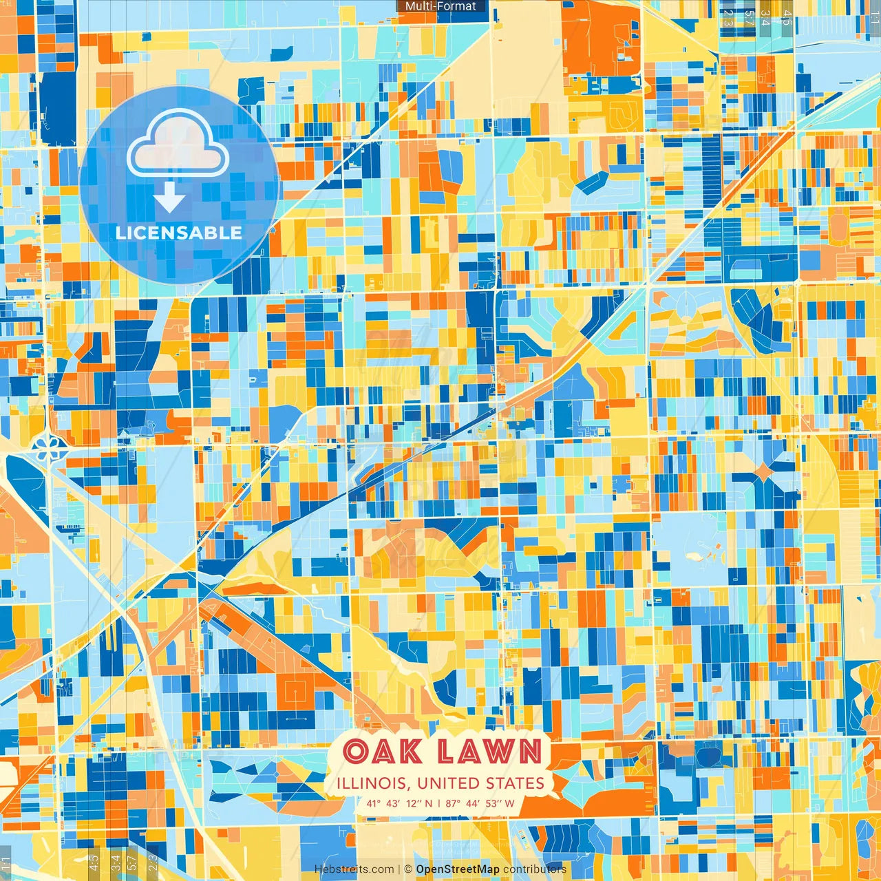 Oak Lawn, Illinois, United States blue and orange vector art map template