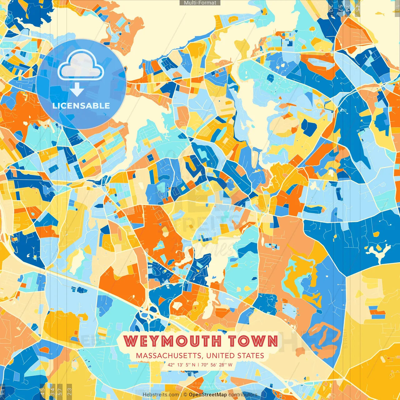 Weymouth Town, Massachusetts, United States blue and orange vector art map template