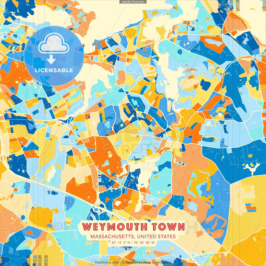 Weymouth Town, Massachusetts, United States blue and orange vector art map template