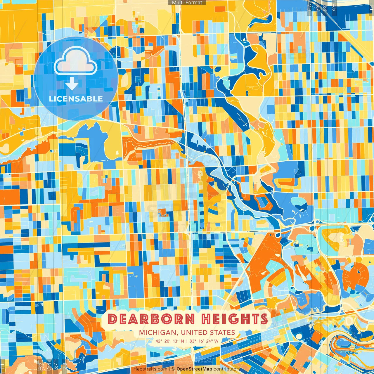Dearborn Heights, Michigan, United States blue and orange vector art map template
