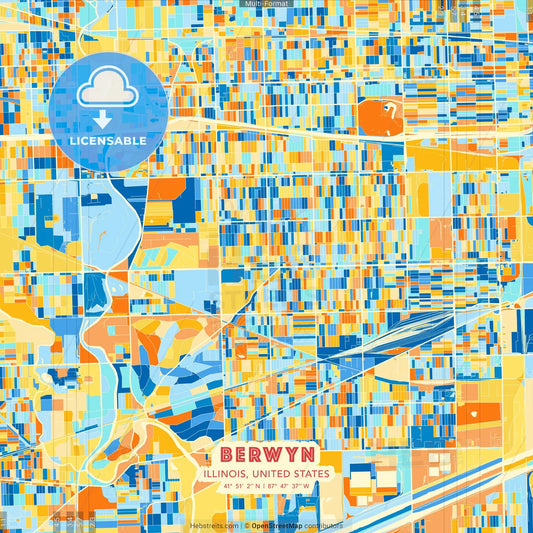 Berwyn, Illinois, United States blue and orange vector art map template