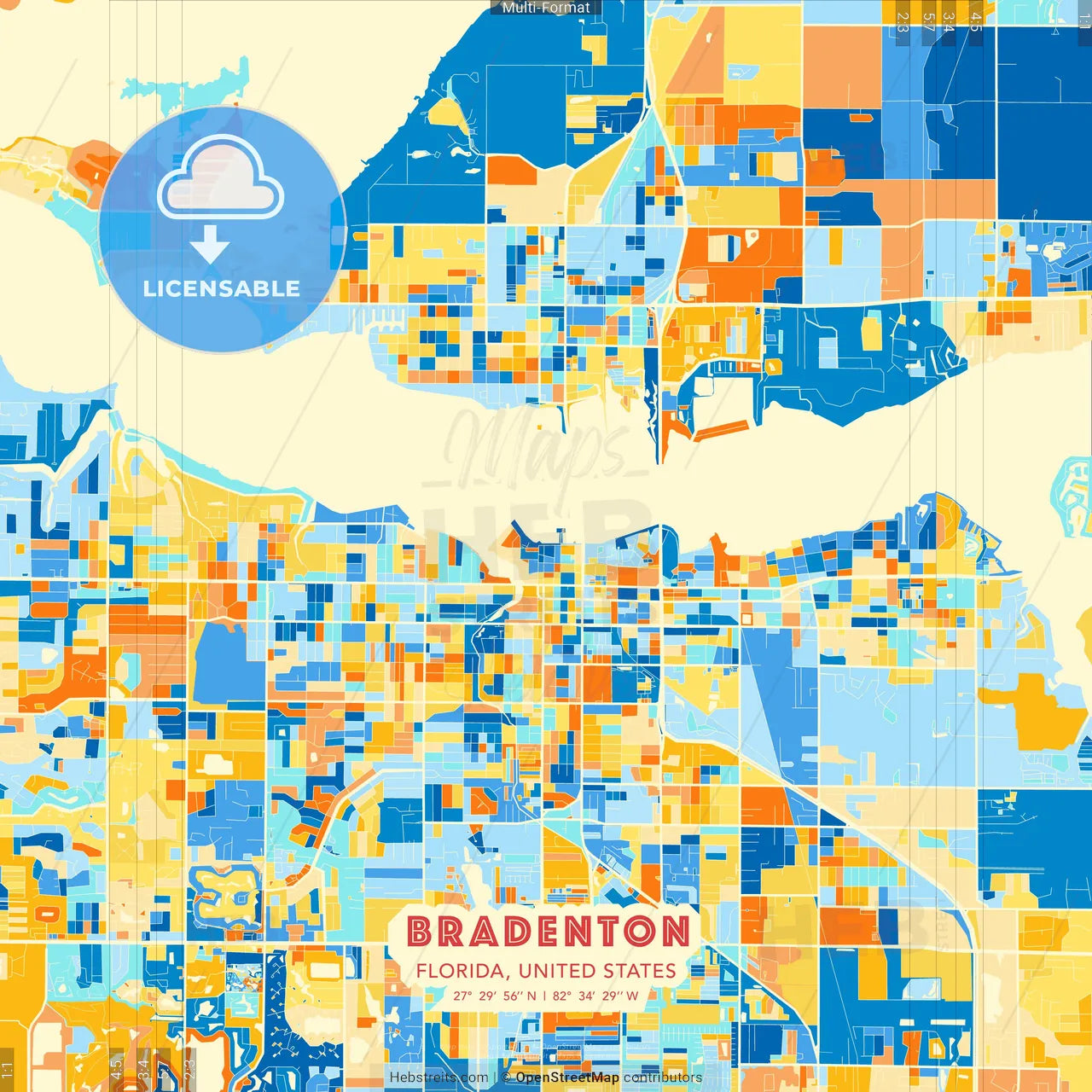 Bradenton, Florida, United States blue and orange vector art map template