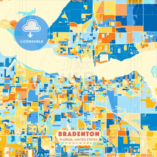 Bradenton, Florida, United States blue and orange vector art map template
