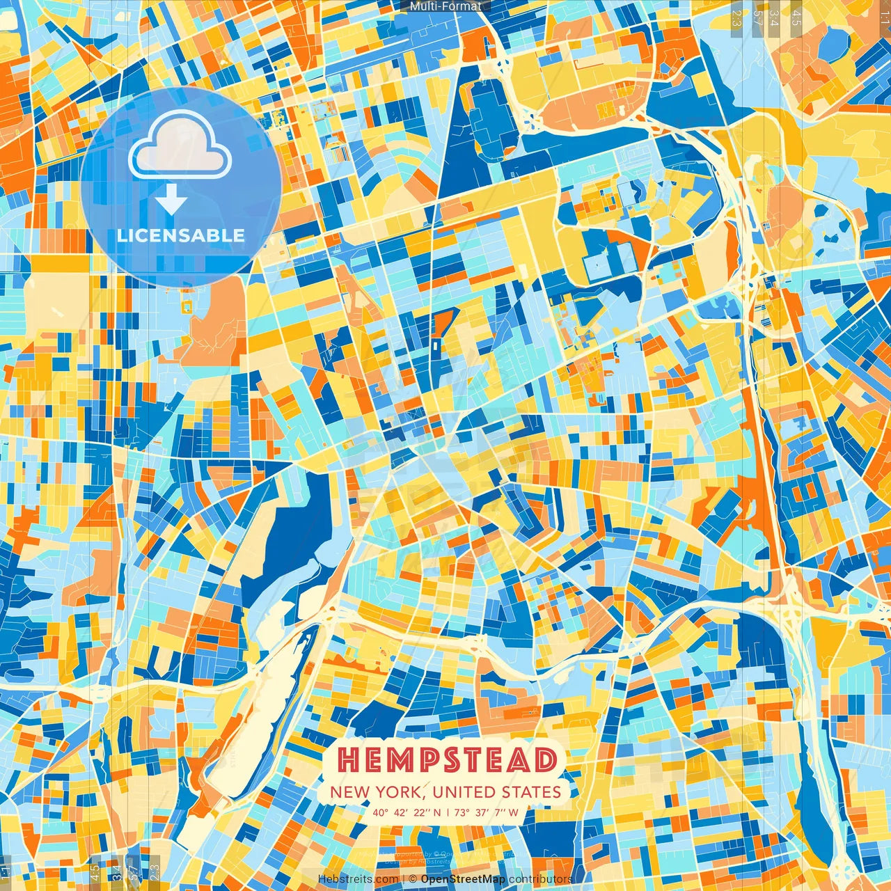 Hempstead, New York, United States blue and orange vector art map template