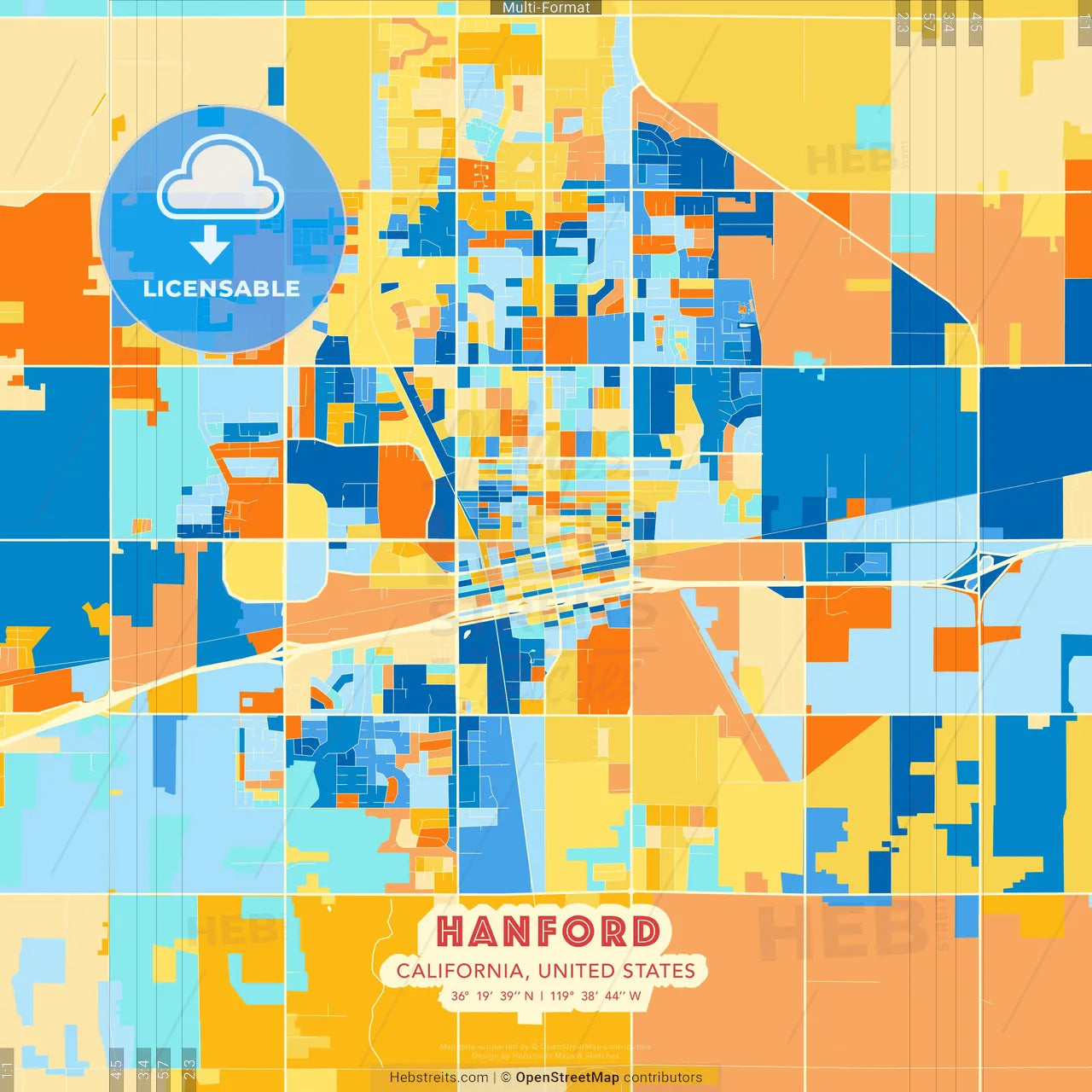 Hanford, California, United States blue and orange vector art map template