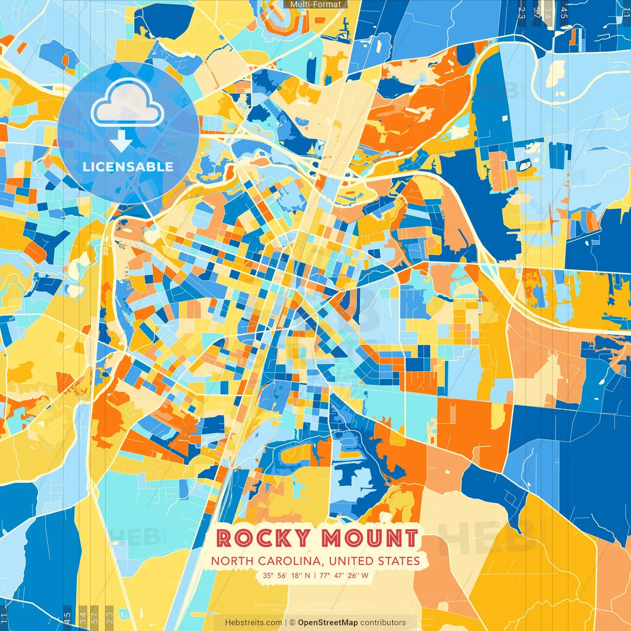 Rocky Mount, North Carolina, United States blue and orange vector art map template